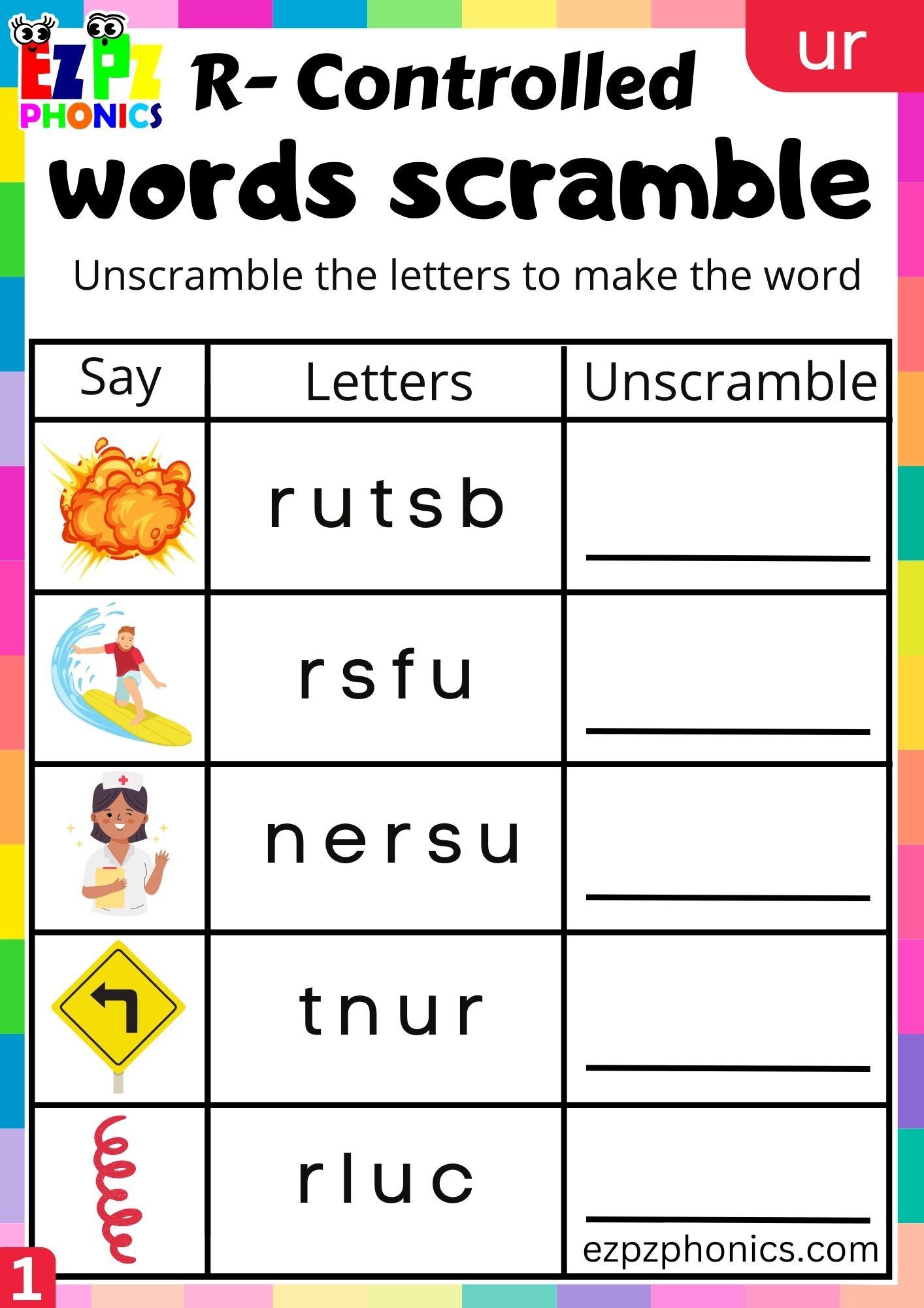 Word scramble worksheet for ur words R Controlled Vowels group 1